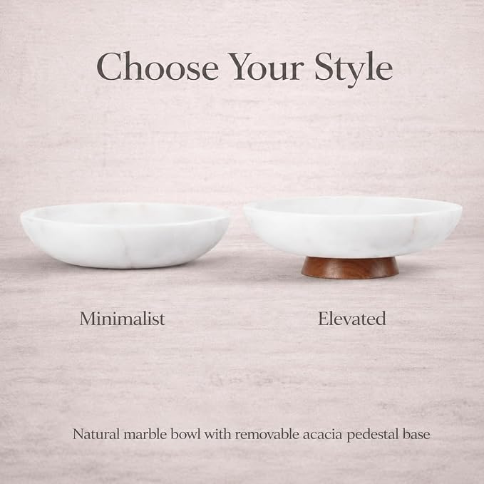 Decorative Marble Bowl White - Handcrafted Natural Stone on Acacia Wood Pedestal - Versatile 10" Catch‑All Centrepiece for Home Decor - Entryway, Dining Table, Kitchen Fruit Bowl, Key Holder (White)