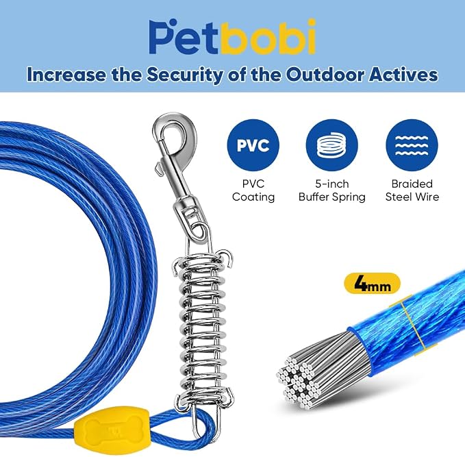 Petbobi Dog Tie-Out Cable and Stake - 10ft Heavy Duty Cable with Spring, No Tangle, 16in Ground Stake, Ideal for Outdoor Yard, Camping, Suitable for Small Medium Large Dogs Up to 120 lbs, Blue