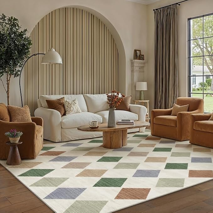 6x9 Washable Area Rug Living Room Large Non Slip Checkered Rugs | Soft, Low Pile, Easy Clean, Colorful, Diamond Pattern for Bedroom, Office, Dining Room, Kids Room, Modern Neutral Decor