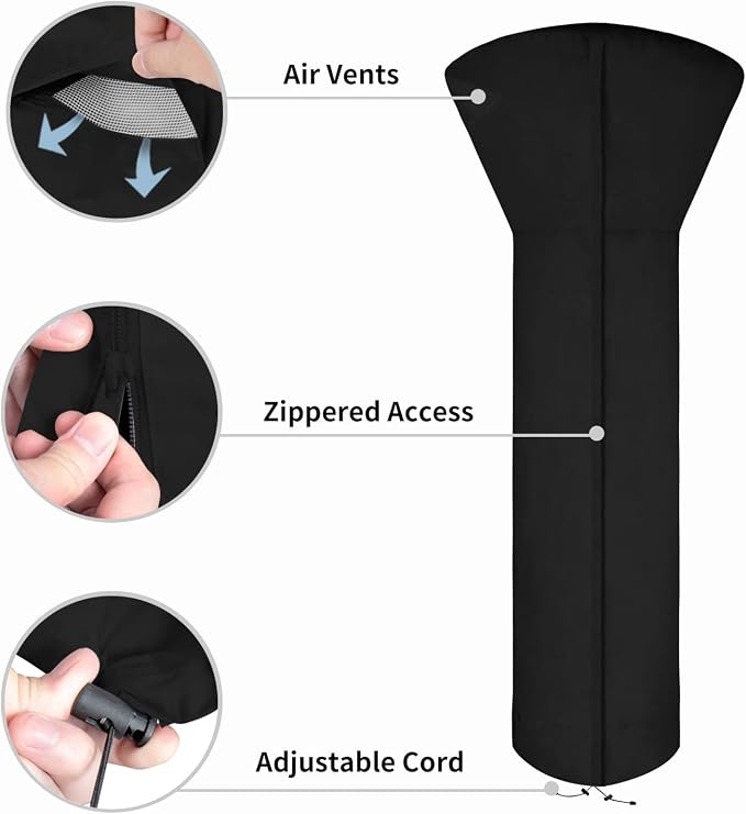 Easy-Going Patio Heater Cover with Zipper and Storage Bag, Waterproof Outdoor Heater Cover Dustproof, UV-Resisant, Wind-Resistant (89"H x 33"D x 19"B, Black)