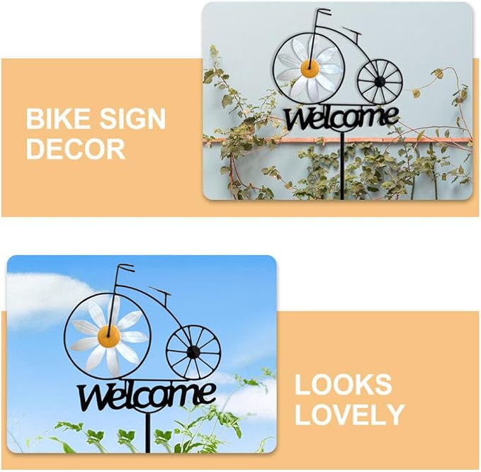 SUPVOX Metal Wind Spinner, Bicycle Wind Spinners Garden Metal Sunflower Stake with Welcome Sign Antique Bike Stake Decoration Outside Garden Decor for Patio Lawn