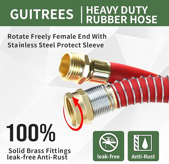 Guitrees 50FT 5/8 Heavy Duty Rubber Garden Hose - 300psi Working, 1000psi Burst - Hot/Cold Water - Five-Layered Braiding for Durability - Versatile for Gardening, Agriculture, Construction(Red)