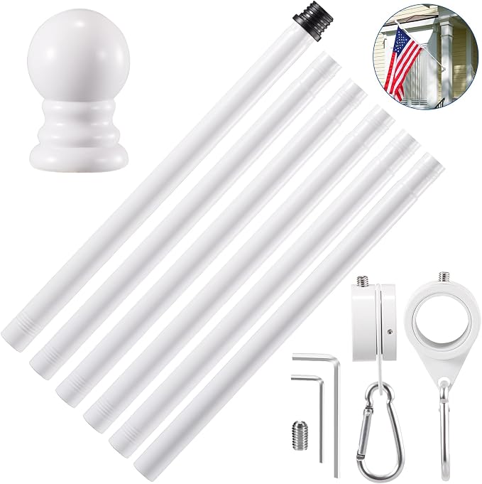 BONWIN White Flag Pole Kit for Outside House, 7 FT Thickened Stainless Steel Wall Mount Flag Pole for 3x5'/ 4x6' American Flag, 1" Anti-Wrap Spinning Flagpole Rings Hardware Kits for Porch Yard