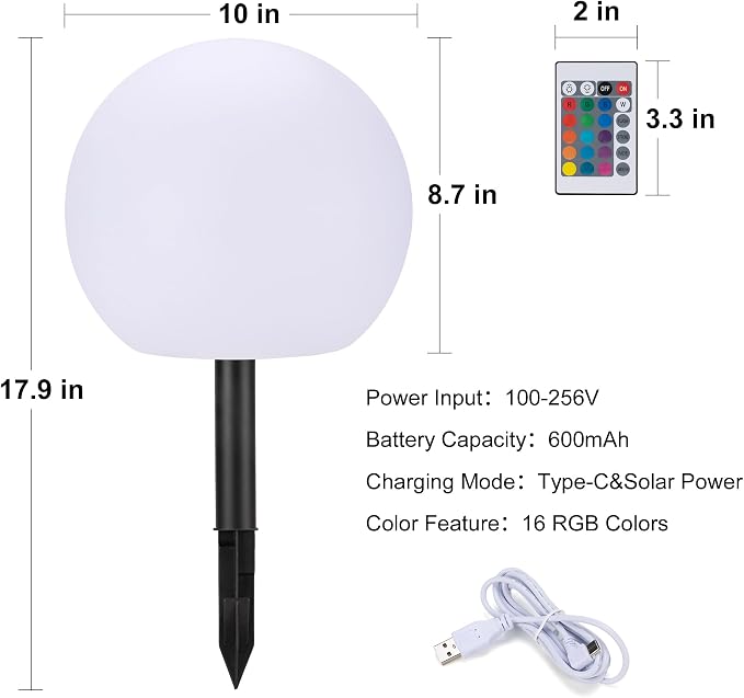 10 Inch Solar Ball Light, Solar Rechargeable Globe Light,16 RGB Colors and Dimmable Globe Light with Remote,Decor for Patio,Garden,Yard,Beach,Pathway,Party Decorative Lighting