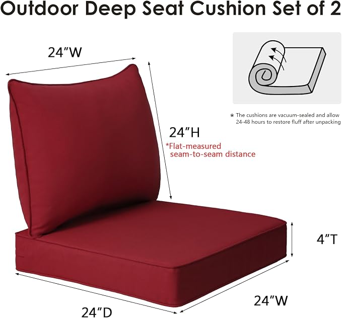 Unimatta Outdoor Patio Chair Cushions Set, 24" x 24"(24x24 Back), Set of 2, Water-Repellent, Fade Resistant, Deep Seat Bottom and Back Cushion for Backyard, Couch, Sofa, Red