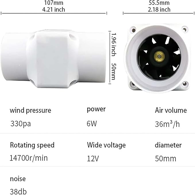 2 Inch Inline Duct Fan Variable Speed Air Circulator Quiet with 50mm to 32mm Interface for Home Office Cabinet Pet Cage Ventilation(50 mm to 40 mm,Power Cord)