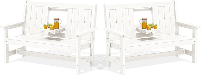 SERWALL HDPE Outdoor Bench with Cup Holder Oversized 58" Porch Bench, White | Suitable for 3 Person, Heavy-duty, High Backrest, Weatherproof Material Patio Benches for Garden, Park, Yard, Front Porch