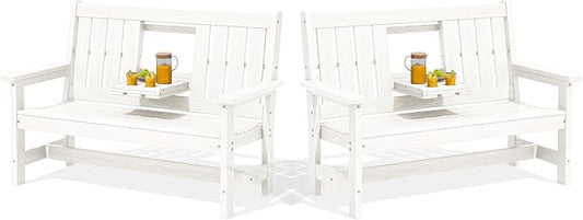 SERWALL HDPE Outdoor Bench with Cup Holder Oversized 58" Porch Bench, White | Suitable for 3 Person, Heavy-duty, High Backrest, Weatherproof Material Patio Benches for Garden, Park, Yard, Front Porch