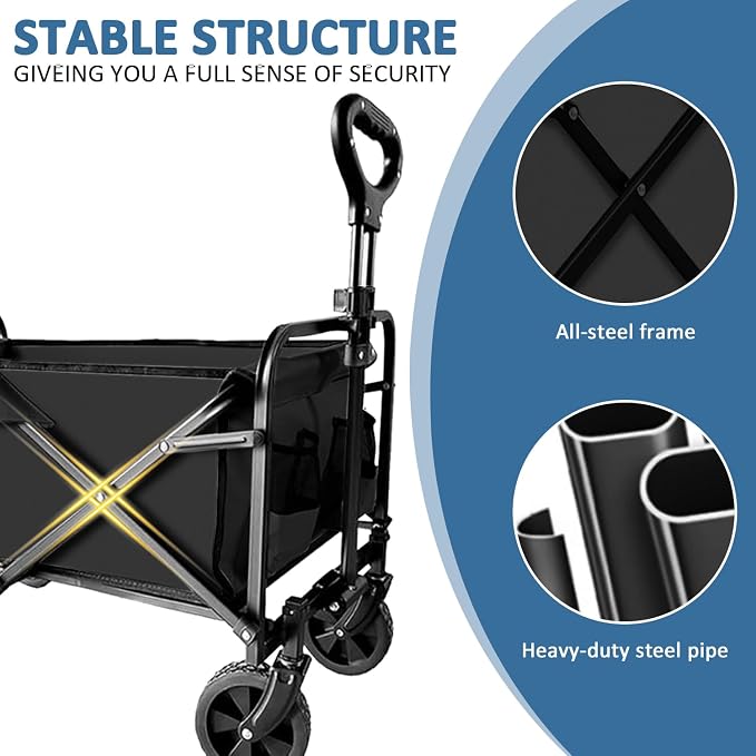 Collapsible Utility Cart Folding Wagon, 320lbs Capacity Lightweight Rolling Cart with Quiet Wheels, Quick-Fold Design for Camping, Shopping, Ourdoor Use, Black