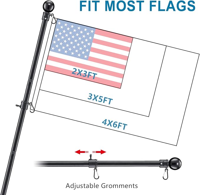 Flag Pole for Outside House - 6ft Stainless Steel Heavy Duty Flagpole Kit,Tangle Free,2 Angle Bracket Mount for Grommet Flags,Banner,Garden Flag,Outdoor Residential Commercial Use,Black