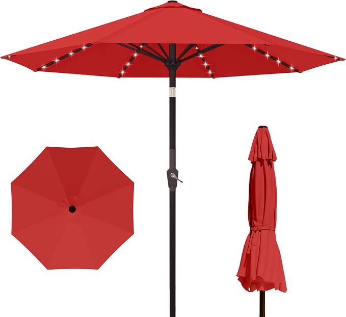 Kingdura 9FT Outdoor Patio Umbrella with Solar Lights, Market Table Umbrella with Push Button Tilt & Crank, 8 Sturdy Ribs, 32 LED Lights, UV Protection for Garden Lawn Deck Backyard Pool (Red)