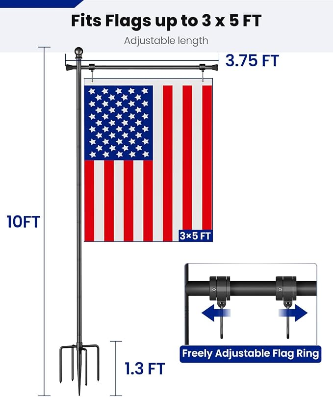 Koutemie 10 FT In Ground Flag Pole Holder for Outside House, Adjustable Flag Poles for 3x5 American Banner Outdoor with 5 Prongs Base, Heavy Duty Garden Flagpole Stand Kit for Yard Decor, 1 Pack