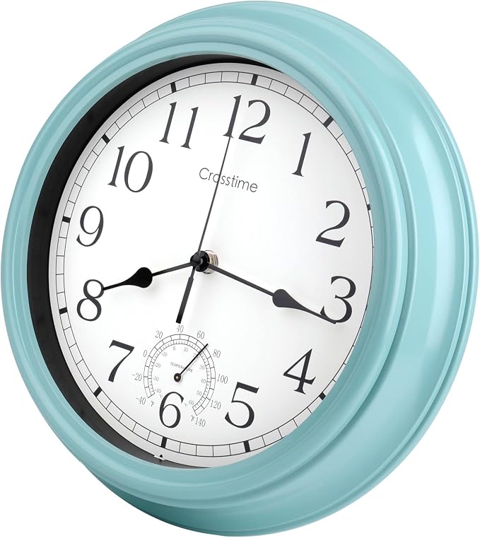 Crosstime 12 Inch Outdoor Clock Waterproof with Thermometer,Vintage Indoor Outdoor Wall Clocks for Patio, Pool, Garden, Backyard, Bathroom Decor - Teal