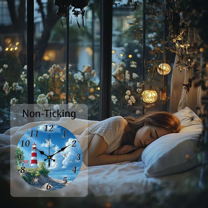 CHGCRAFT Ocean Lighthouse Wall Clock 12 Inch Battery Operated Wall Clock Non Ticking Silent Decorative Clock for Office Bedroom Home Decor