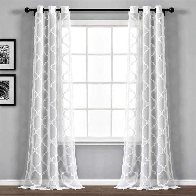Lush Decor Avon Trellis Grommet Sheer Window Curtain Panels Pair 38" W x 84" L White - Sheer Curtains for Living Room - Modern Farmhouse Bedroom Curtains