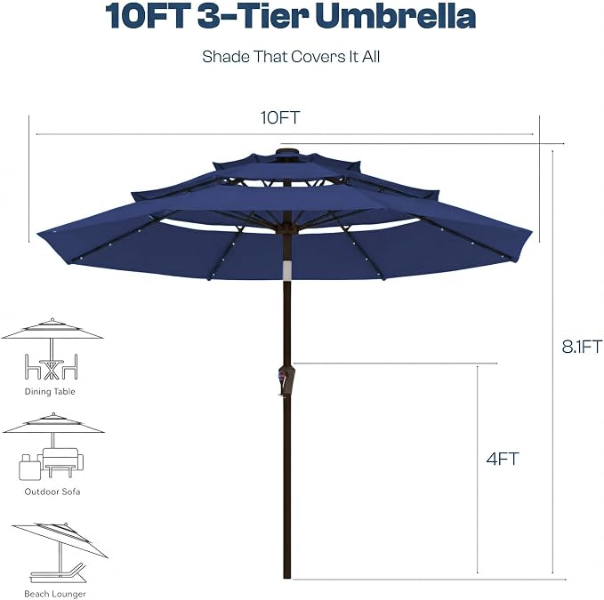 10ft 3-Tier Patio Umbrella with 32 Solar Powered LED Lights, Windproof Outdoor Market Umbrella for Deck, Poolside & Garden, Sturdy Push-Button Tilt Table Umbrella, Navy Blue