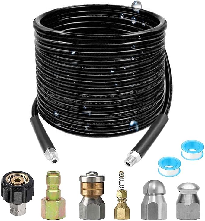 Selkie Pressure Washer Sewer Jetter Kit - 100Ft X1/4" Hydro Drain Jetter Cleaner Hose, Corner, Rotating and Button Nose Sewer Jetting Nozzle Waterproof Tape,Orifice 4.0 4.5,1/4 Inch NPT,5800 PSI