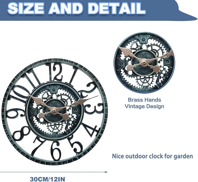Outdoor Wall Clock for Garden, Patio and Deck, 12in Garden Clock Waterproof Clocks -Not Silent (Turquoise-A)