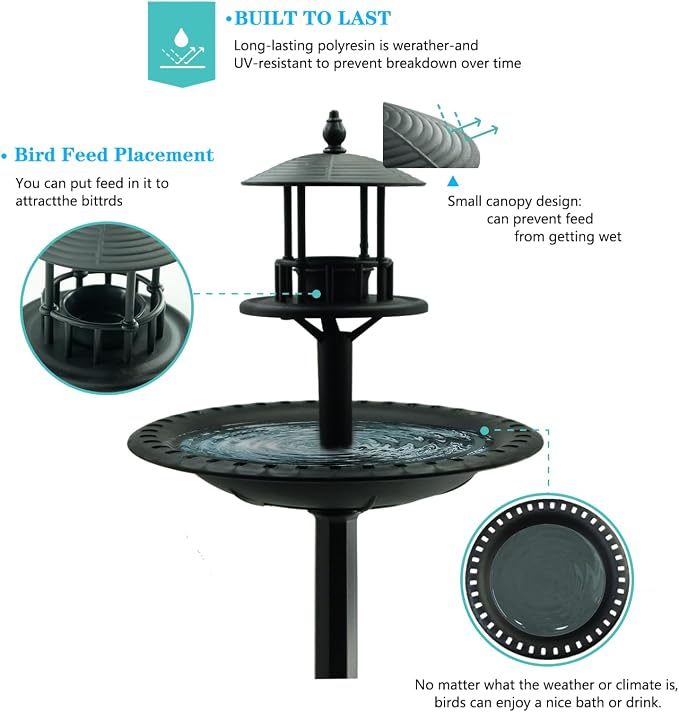 Black Bird Baths for Outdoors Plastic Bird Feeder with Flower Planter for Garden Yard Patio Balcony and Lawn Decor 27.5" | 2-in-1 Bird Bath & Feeder, Weatherproof, Ground Stakes Included, Tool-Free Assembly, Patio Lawn Decor, Gift for Garden Lovers