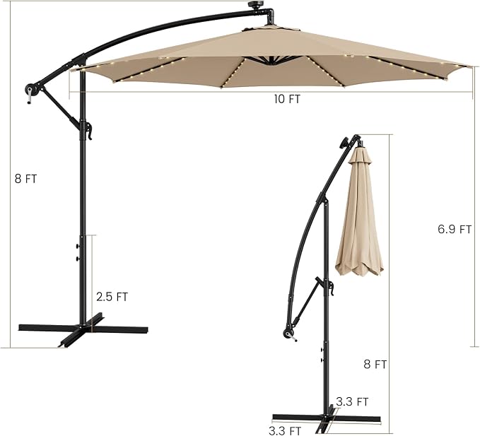 HAPPYGRILL 10FT Cantilever Patio Umbrella with Solar Lights, Outdoor Hanging Offset Umbrella with 112 LED Lights, Tilt Design, Crank Handle, Cross Base Stand for Garden Yard Deck