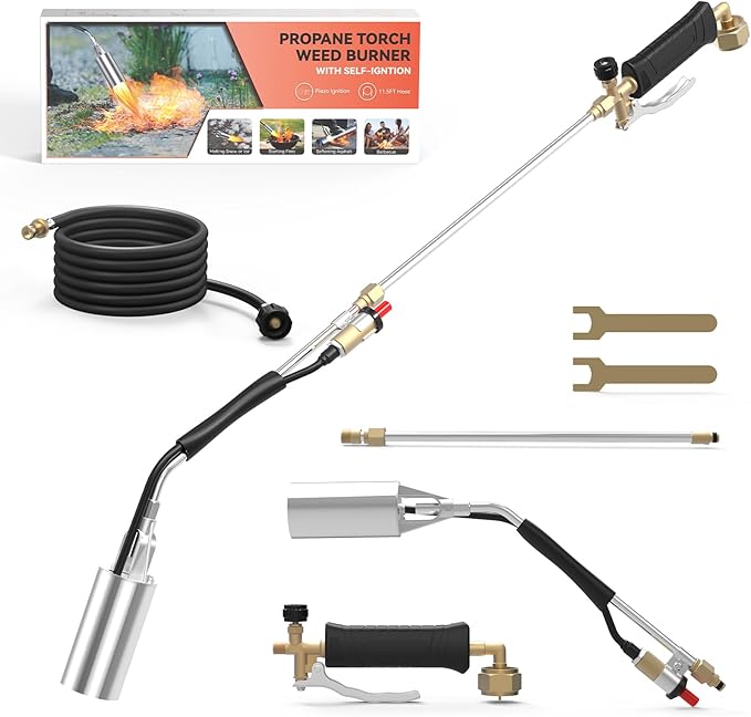 Propane Torch Weed Burner with 11.5FT Hose, Weed Torch with Self Igniter Turbo Trigger, Heavy Duty Flame Weeder for Weeding, Roofing, BBQ, Black