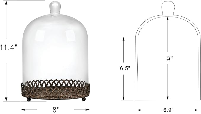 Twakutwku 12" Tall Large Sturdy Handmade Glass Cloche Dome with Metal Base in Rustic Brown for Plant, Terrarium, Collectibles, Candle. Cloche Glass Dome, Bell Jar Display Case (Brown, 12")