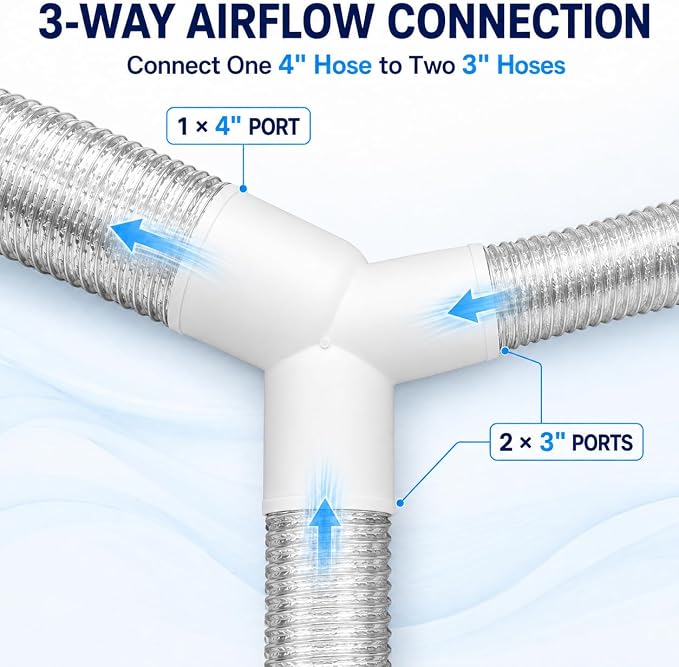 Enenes 3 Way Duct Splitter Reducer 4-3-3 Inch Connector for Dryer Vent Hose | Connects One 4 Inch Duct to Two 3 Inch Vent Hoses for Fresh Air, HVAC and Exhaust Systems; Includes 3 Stainless Steel Clamps