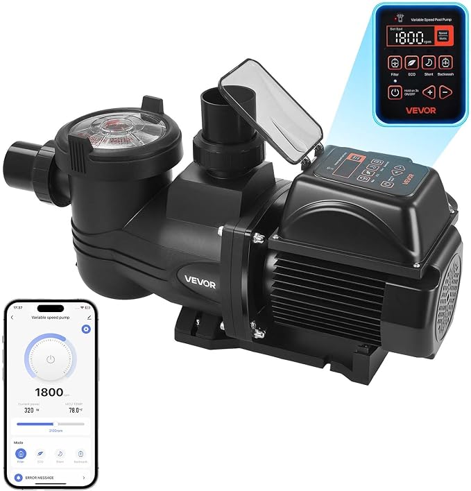 VEVOR Variable Speed Pool Pump 1.5HP AC 220-240V 132 GPM In/Above Pool Pump | for Inground Above Ground Swimming Pool, Powerful Self Priming, APP Remote Control, with Filter Basket, Programmable Timer