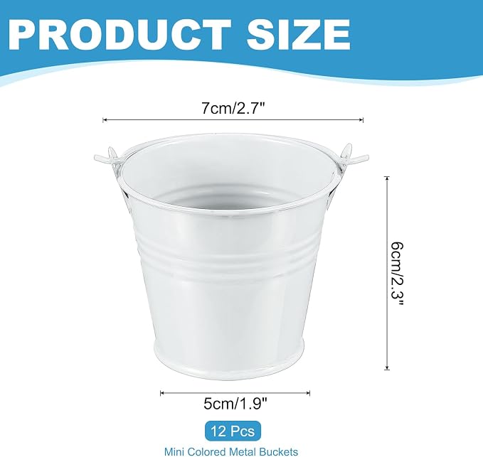 PATIKIL 2.7"x2.3" Small Metal Buckets with Handle, 12 Pcs Mini Galvanized Bucket Colorful Easter Buckets for Crafts Party Favors Decoration, White