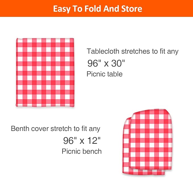 8ft Picnic Table and Bench Cover, Camping Essentials RV Gear, 96 in Waterproof Windproof Outdoor Elastic All Around Tablecloth, Fitted Rectangle Tables and Seats, Red-White Checkered