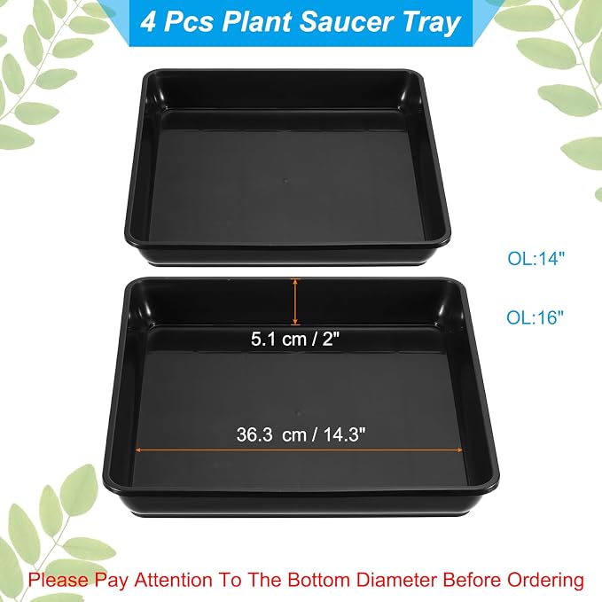 PATIKIL Plant Saucer Tray, 4 Pack 16 Inch Square Plant Saucer Heavy Planter Pot Saucers Large Deep Flower Planter Drip Tray for Indoor Outdoor Plants, Black
