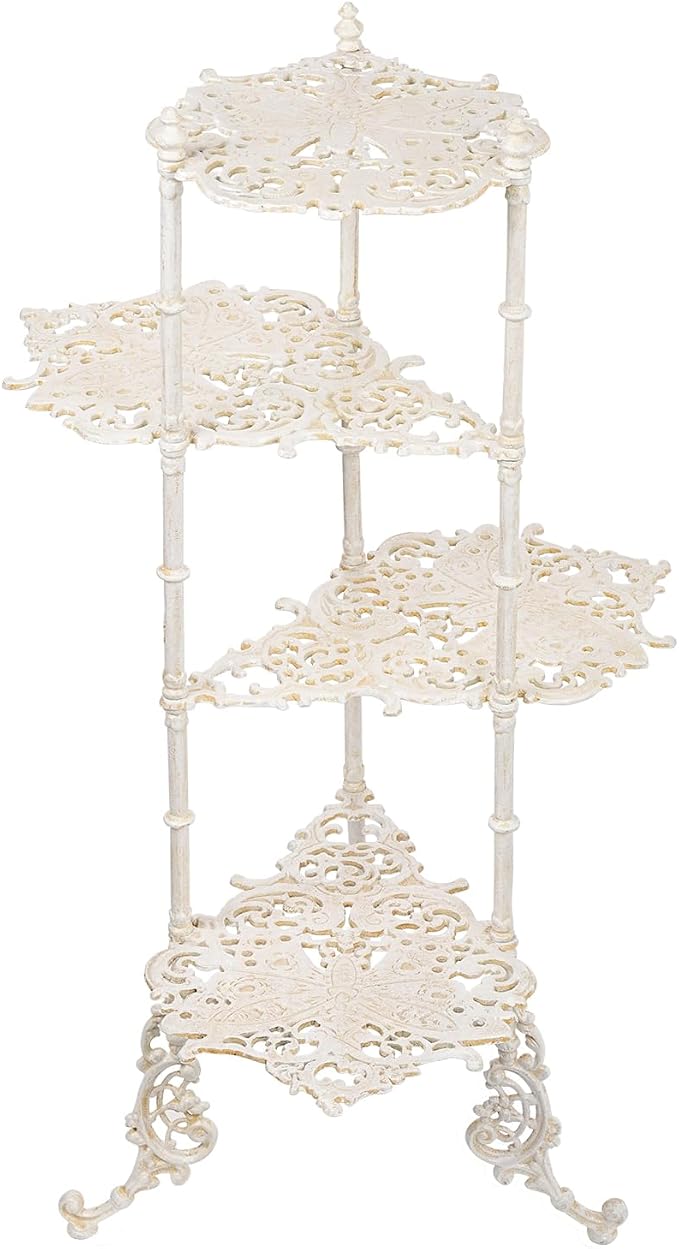Sungmor Vintage Cast Iron 4-Tier Plant Stand, Elegant Butterfly & Floral Design with Antique White Finish, 36 Inch Tall Rustic Flower Pot Holder, Heavy Duty Metal Display Stand for Indoor and Outdoor