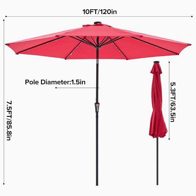 NEWBULIG 10ft Solar Patio Umbrella with 32 LED Lights, Table Market Umbrella with Tilt Adjustment & Crank Lift, Outdoor Sun Umbrella for Garden, Deck, Backyard, Pool and Beach