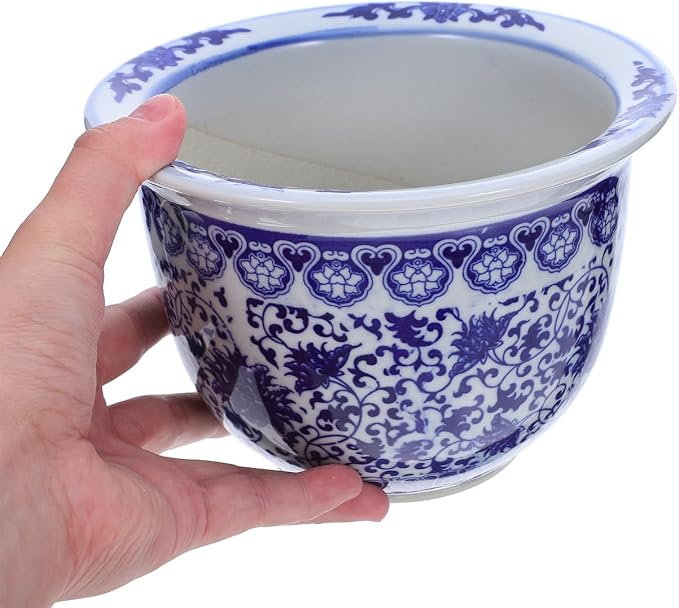 Blue and White Flower Pot with Drain Hole, Blue and White Planter Ceramic Ceramic Decorative Flower Pot Chinoiserie Planter, Diameter 6.7 inch