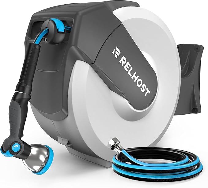 Relhost Retractable Garden Hose Reel, 1/2 in x 65 ft Wall Mount Heavy Duty Hose Reel with Any-Length Lock, Auto Rewind System, 180° Swivel Bracket, and 10-Pattern Nozzle for Garden, White &Grey