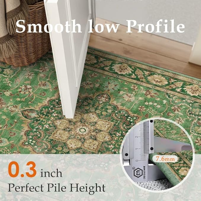 Green Area Rug 2x3 Entryway Vintage Floral Non-Slip Door Mat | Machine Washable, Soft, Low Pile, Distressed, for Kitchen, Hallway, Bathroom, Retro Farmhouse Decor