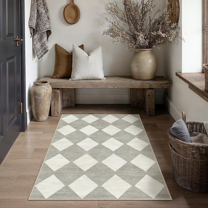 Grey 4x6 Washable Area Rug Living Room Non Slip Checkered Carpet | Soft, Low Pile, Easy Clean, Diamond Pattern for Bedroom, Classroom, Nursery, Office, Kids Room, Modern Indoor Decor