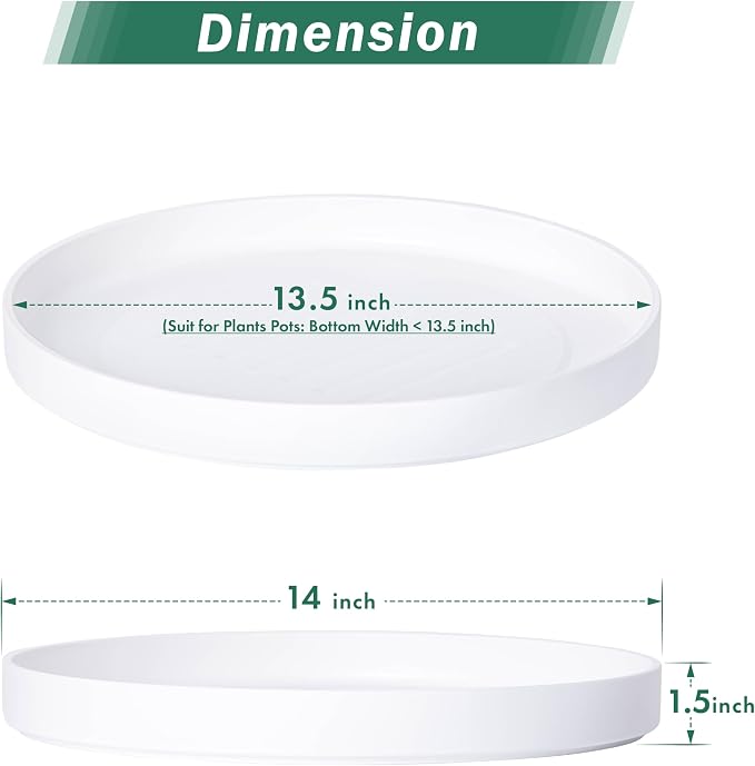 Phoenix Vine 14 Inch Plastic Plant Saucer Water Drip Tray, Heavy Sturdy Round Plant Drainage Tray for Indoors Outdoor, Matte White, 21-TY-14W-1