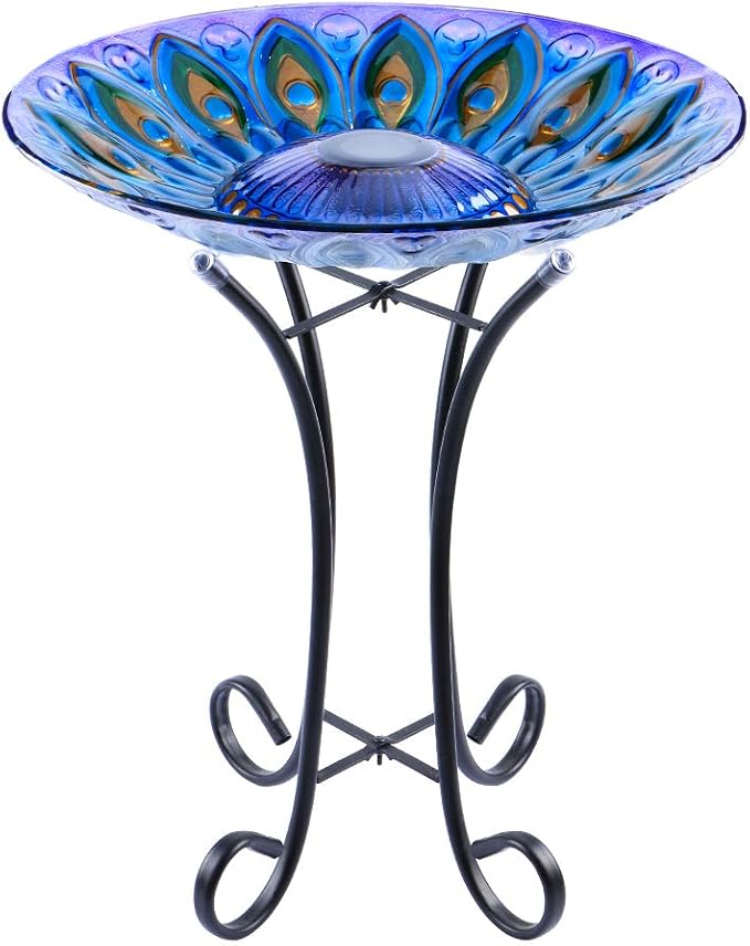 MUMTOP Outdoor Glass Birdbath Solar Birdbaths with Metal Stand for Lawn Yard Garden Peacock Decor,18” Dia 21.65 Height