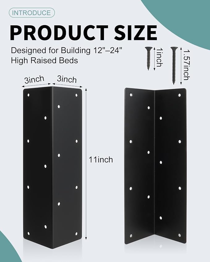8 Pcs Raised Garden Bed Corner Brackets for 12"-24" Wood Planter Box, 11" x 3" x 3" Rust-Resistant Metal Corner Brackets with Screws for Flower Beds, Vegetable Gardens, Furniture, Sand Box