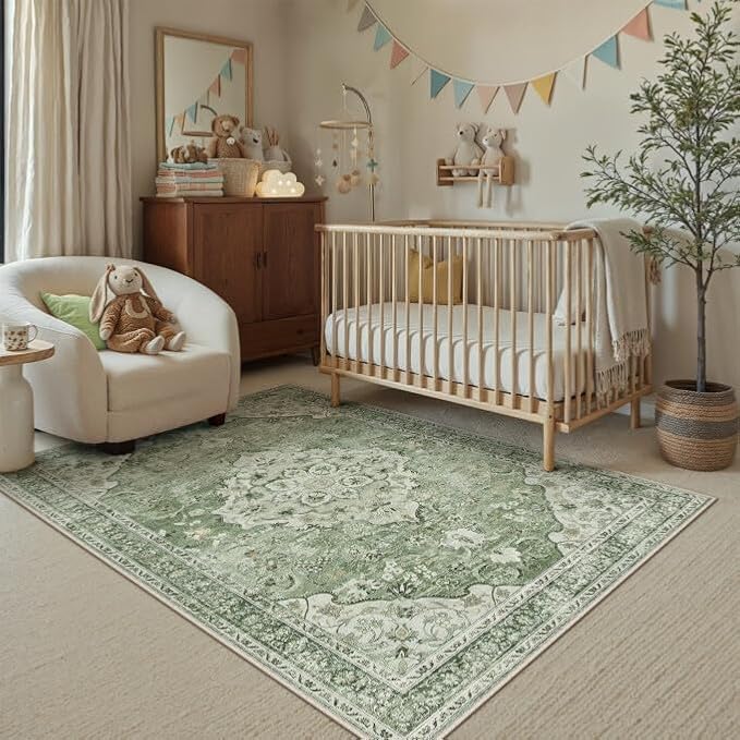 Sage Green Area Rug 4x6 Living Room Vintage Floral Non-Slip Carpet | Machine Washable, Soft, Low Pile, Distressed, for Bedroom, Dining Room, Kids Room, Nursery, Office, Retro Farmhouse Decor