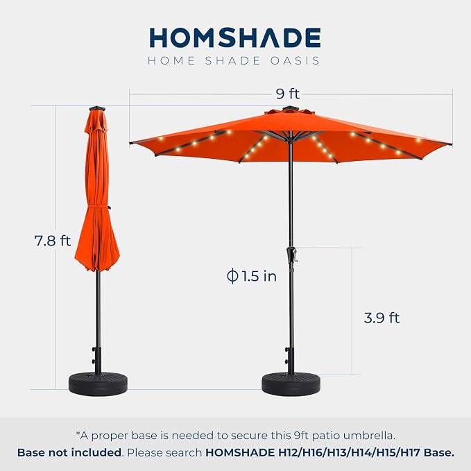 HOMSHADE 9ft Solar Patio Umbrella - Solar Lights LED Lighted Outdoor Market Table Umbrella, UPF50+ UV Protection with Push Button Tilt, Crank for Pool Deck and Garden (Neon Orange)