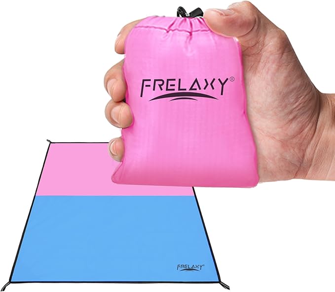 Frelaxy Pocket Picnic Blanket, Waterproof Sandproof Beach Mat, Compact Camping Tarp for Festivals, Hiking, Travel, Outdoor Recreation (Pink & Blue, 28'' x 47'')