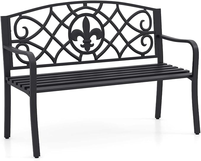 Giantex 50.5” Outdoor Bench with Metal Frame, Floral Design Cast Iron Backrest, Slatted Seat, Adjustable Foot Pads, Load 660Lbs, Garden Bench for Outside Patio Backyard Porch Park, Black