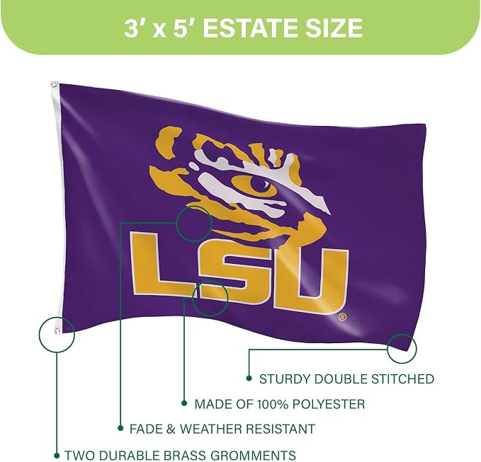 NCAA Louisiana State University Flag with Grommets, 3'x5' LSU Tigers Outdoor College Flags & Banners for Garden Patio Indoor Wall Décor