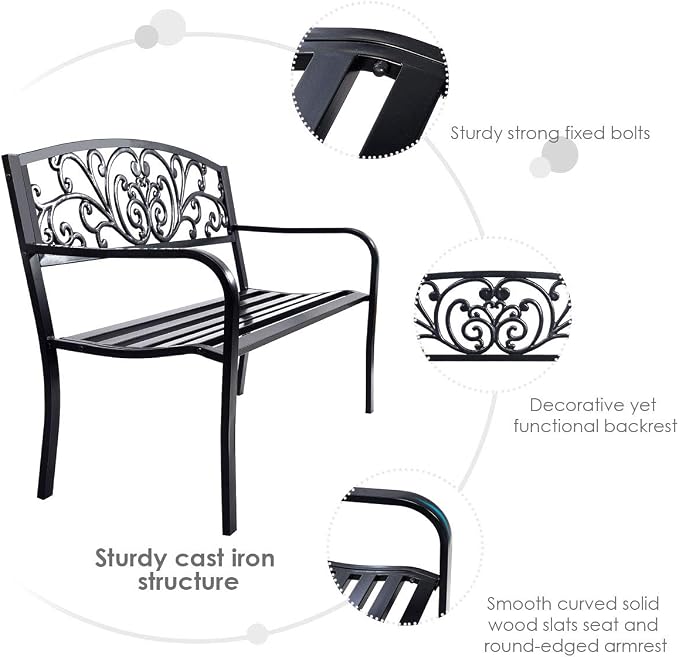 Tangkula Outdoor Steel Garden Bench Park Bench, 50 Inch Patio Park Bench Chair with Heavy-Duty Steel Frame, Outdoor Welcome Bench with Casted Pattern, Ideal for Yard Porch Balcony Garden Park