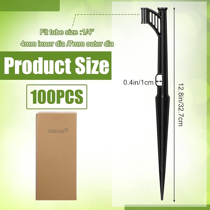 GlikCeil 100 Pcs 12.8" Irrigation Drip Support Stakes 1/4 Inch Tubing Hose Holder Adjustable Riser Drip Lines Ground Stakes for Micro Sprinkler Gardens Irrigation Supplies
