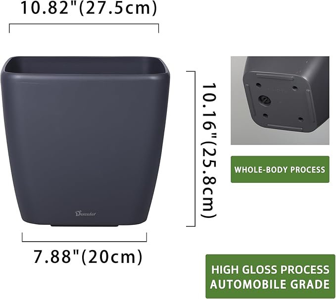 Dexceder 11x10 Self Watering Planter (Slate Gray Matte) | Inner Mat Design, Thickened Table Flower Plant Pot with Water Level Indicator Indoor Outdoor