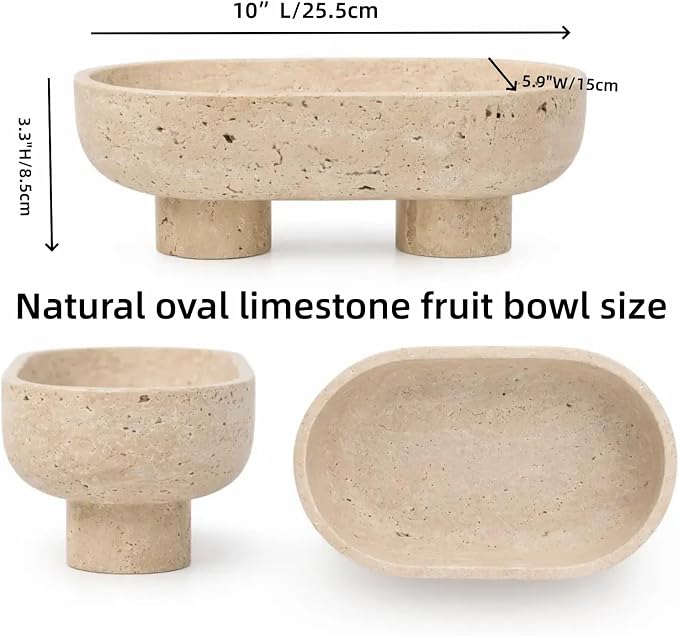Natural Oval Travertine Fruit Bowl for Kitchen Counter 10",Two-Legged Decorative Bowl & Travertine Decor Pedestal for Dining Table Decor, For Kitchen Fruit Bowl, Potpourri, Dining Table Centerpiece.