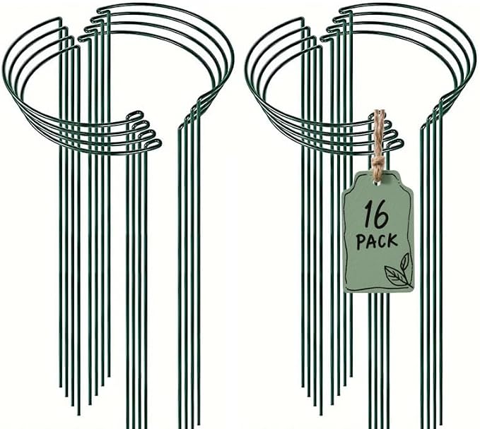 Plant Support Stake 24 inches, semi-Circular Metal Garden Stake Plant Support for Peony cage and Support, Green Plant Support Ring Frame for Outdoor and Indoor Plants (16, Dark Green)